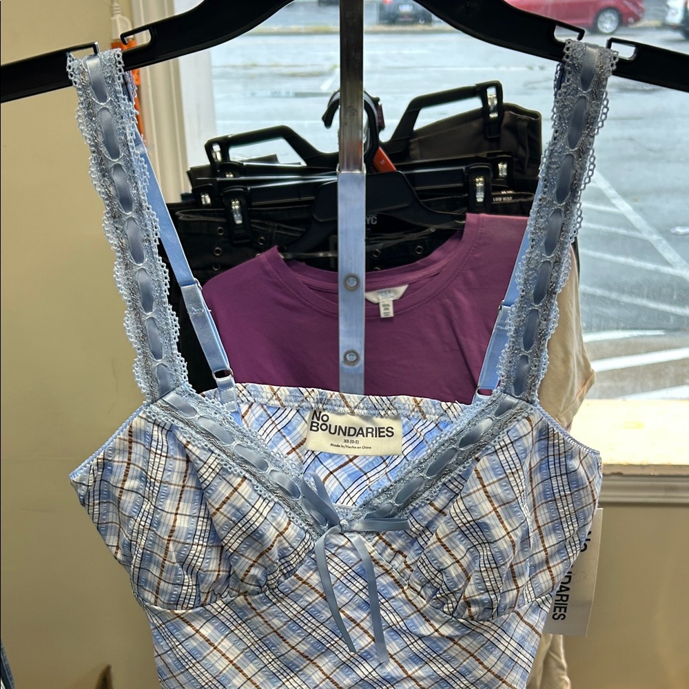 No Boundaries Light Blue Plaid Camisole with Lace - Picture 3 of 6
